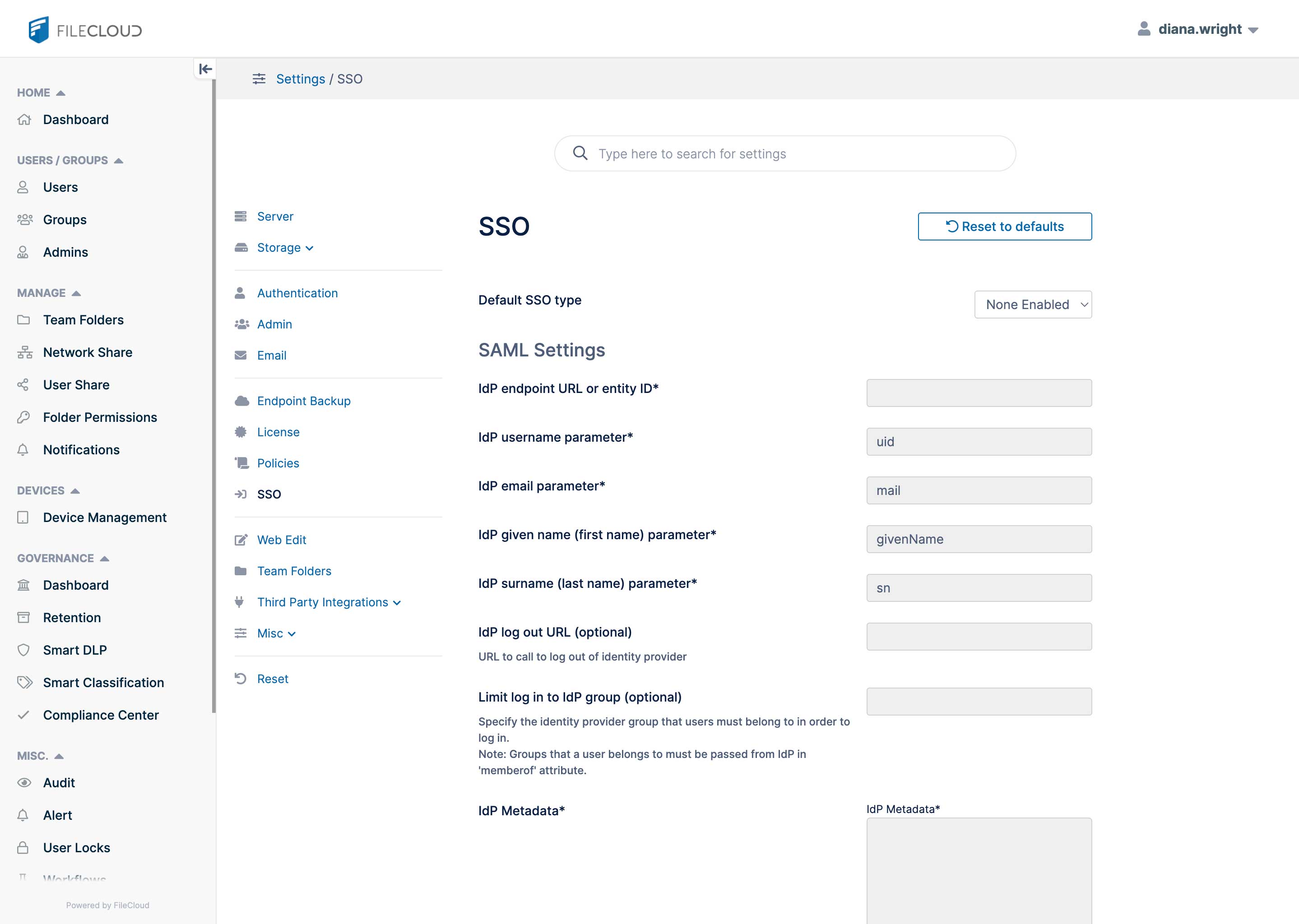 FileCloud Settings - SSO