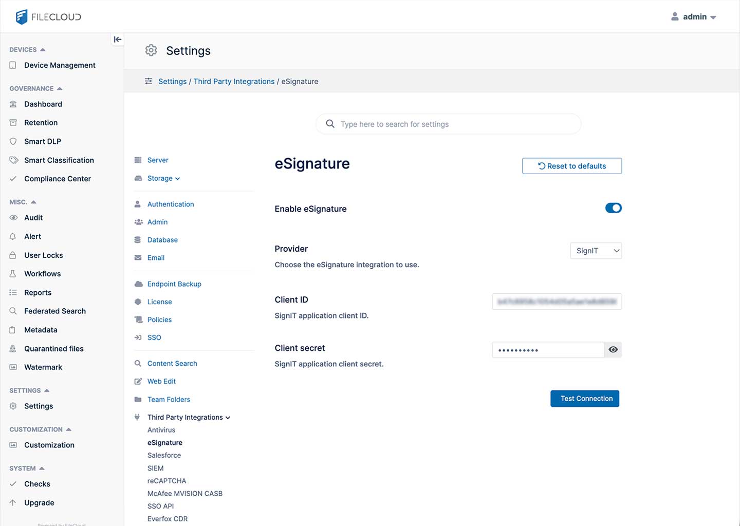 Screenshot of FileCloud Signit integration settings