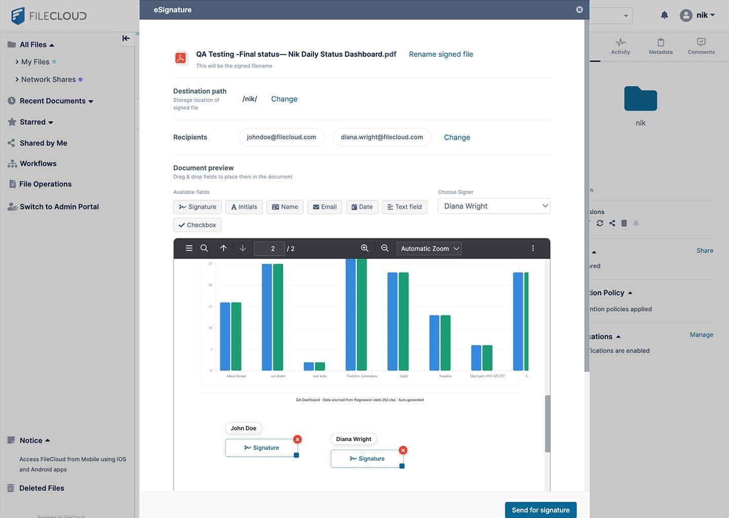 Screenshot of FileCloud user ui showing the different options and placement for the signatures