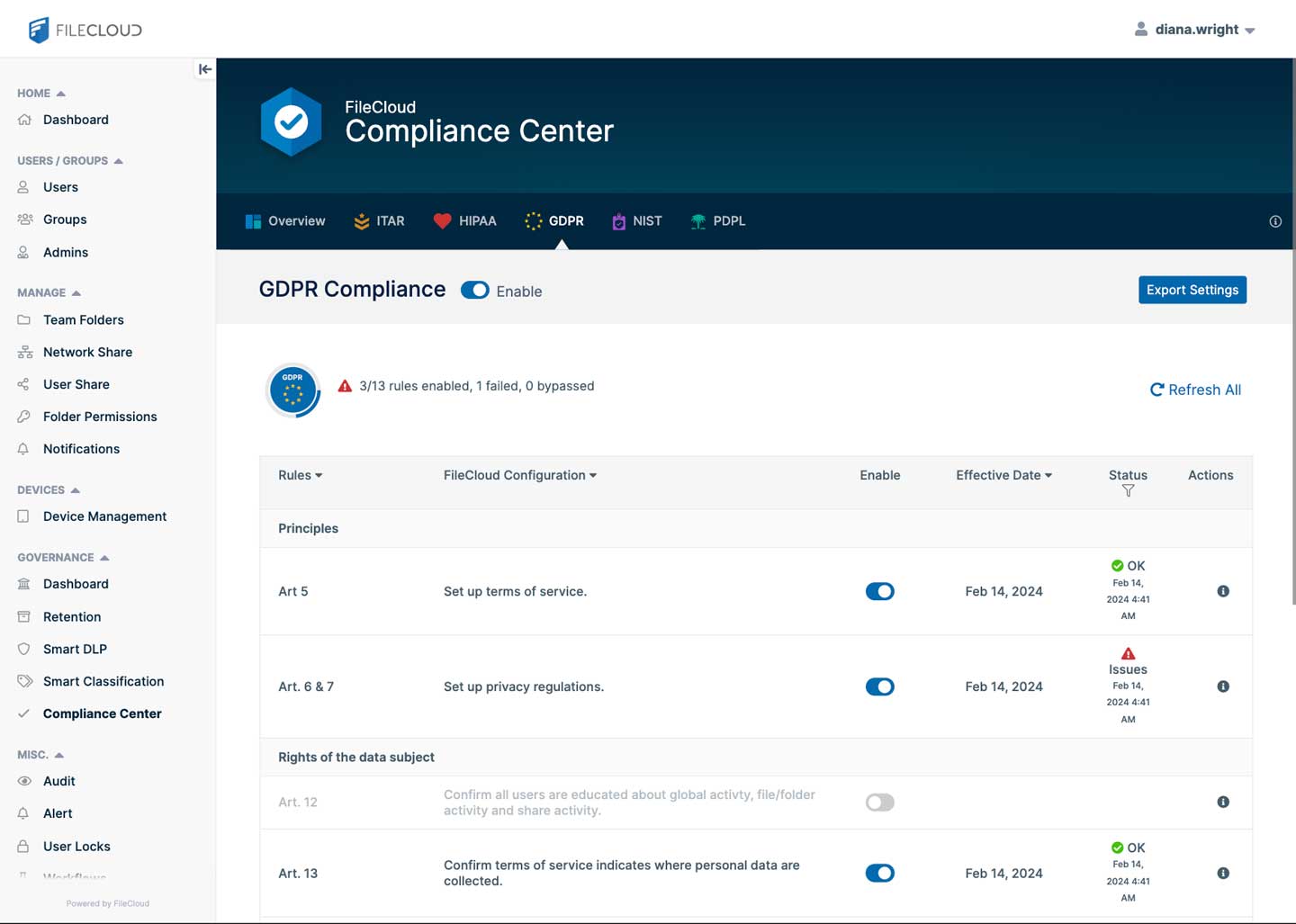 FileCloud UI - GDPR tab in FileCloud Compliance Center - Data Sovereignty compliance built into FileCloud