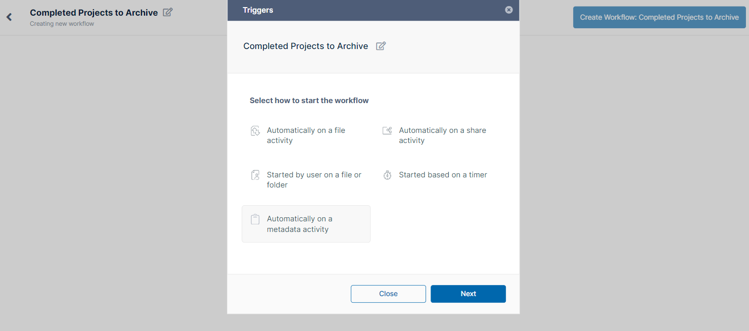 FileCloud metadata paired with workflow automation to create workflows based on metadata trigger