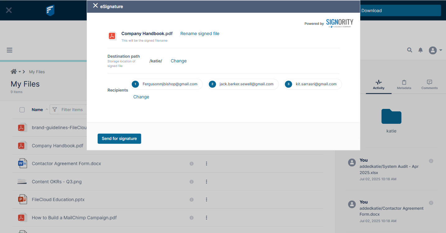 FileCloud Signority e-signature UI
