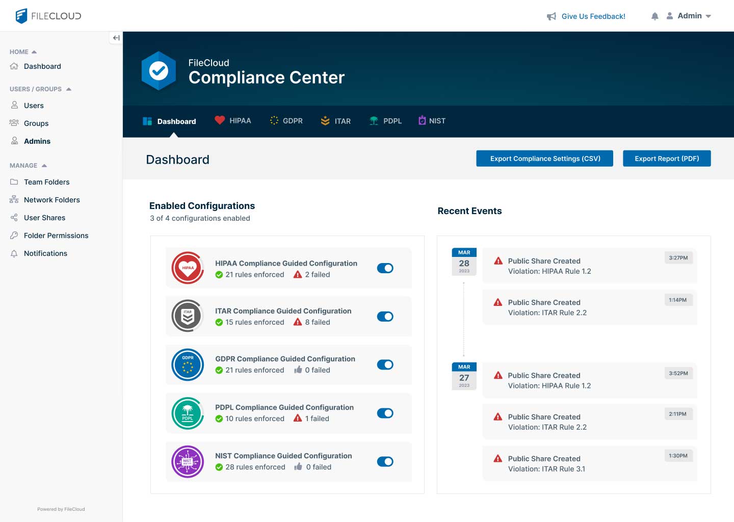FileCloud Compliance Dashboard Preview