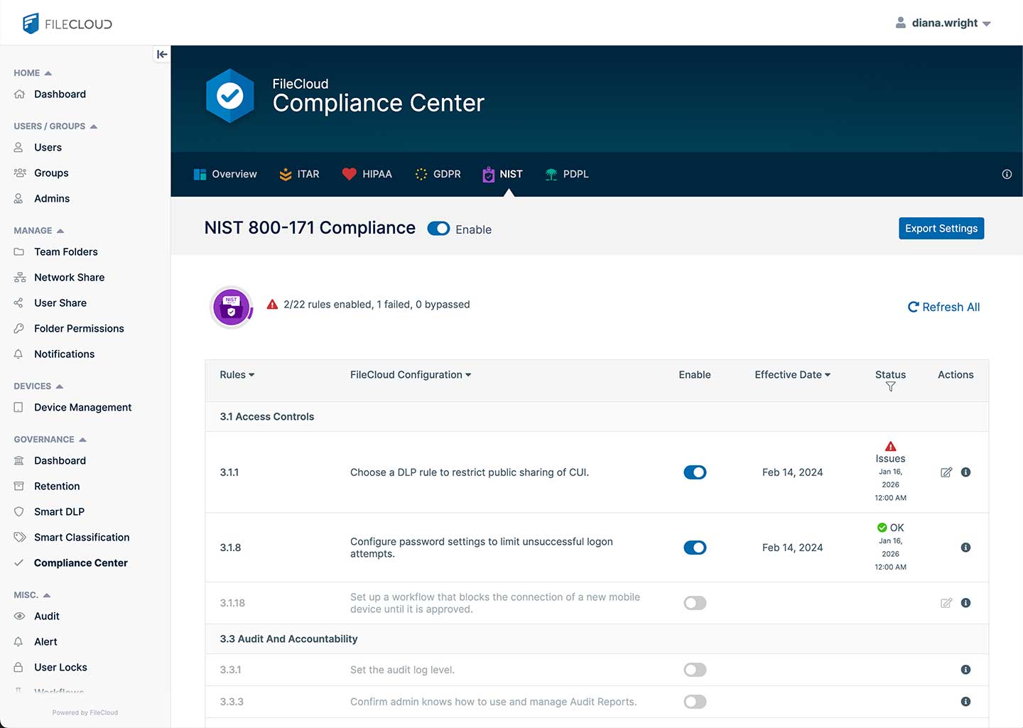 FileCloud NIST 800-171 Compliance Dashboard Preview
