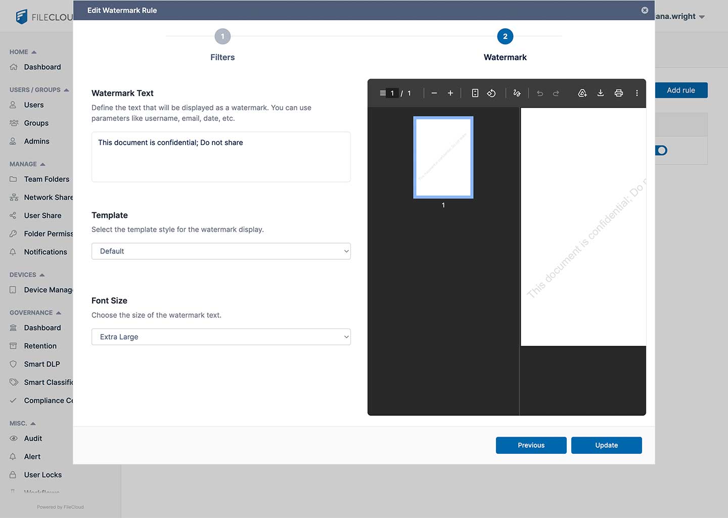 Screenshot of FileCloud Watermark settings step 2