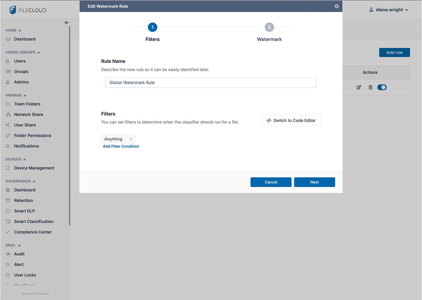 Screenshot of FileCloud Watermark settings step 1